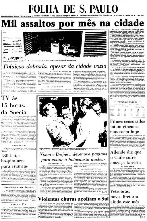 Primeira Página da Folha de 25 de junho de 1973