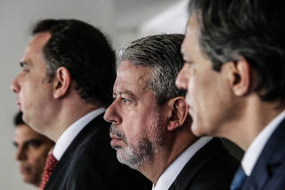 Rodrigo Pacheco, Arthur Lira e Fernando Haddad falam com jornalistas em Brasília 