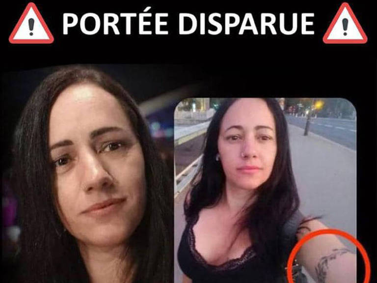 Cartaz com foto de Fernanda Santos Oliveira e os dizeres em francês: "Pessoa desaparecida"