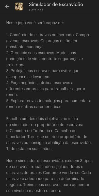 Brasil: Jogo que simula escravidão era encontrado no Google; empresa  excluiu o game, mas Ministério Público quer ouvir plataforma e  desenvolvedor - Business & Human Rights Resource Centre