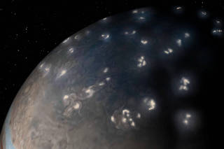 This artist's concept of lightning distribution in Jupiter's northern hemisphere incorporates a JunoCam image from the NASA spacecraft Juno with artistic embellishments