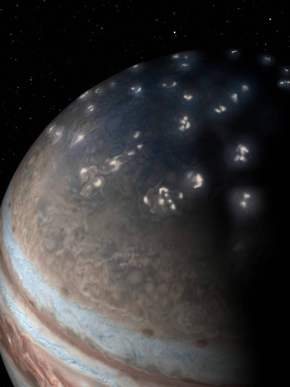 Concepção artística de como seriam os raios brilhando no hemisfério norte de Júpiter, de acordo com os dados capturados pela sonda Juno