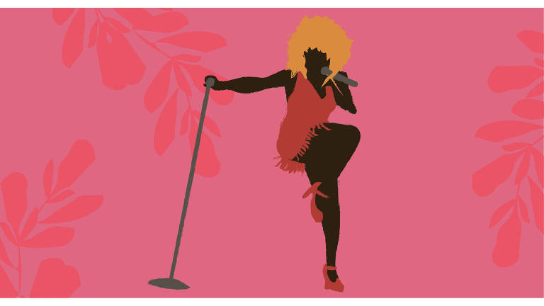 A ilustração tem um fundo rosa e ao centro está a figura de Tina Turner, ela é uma mulher negra, usa vestido e sapatos vermelhos, uma peruca loira e está em uma de suas posições icônicas, enquanto segura o microfone.
