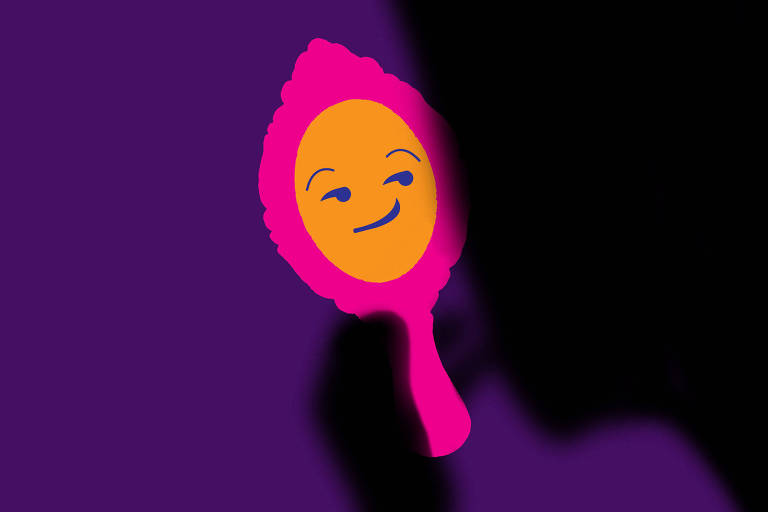 Sobre um fundo violeta há uma silhueta borrada segurando um espelho rosa, nesse espelho está refletido um emoji sorrindo com um sorriso maroto.