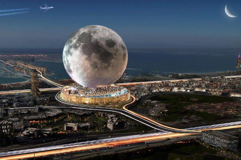 Ilustração do gigantesco hotel em forma de lua que pode ser construído em Dubai