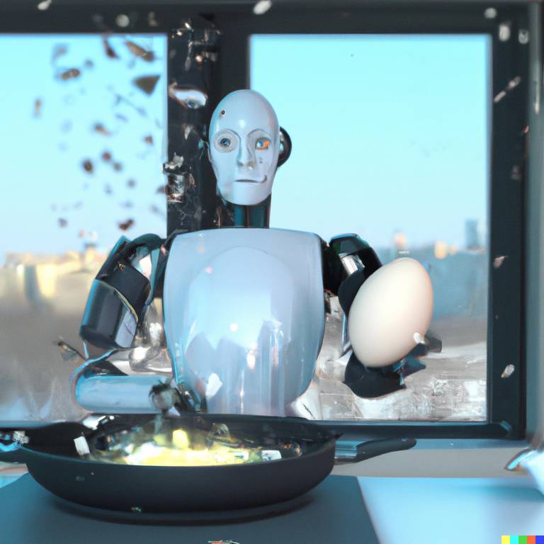 Imagem mostra um robô segurando um ovo. À frente, algumas coisas explodem saindo de uma frigideira
