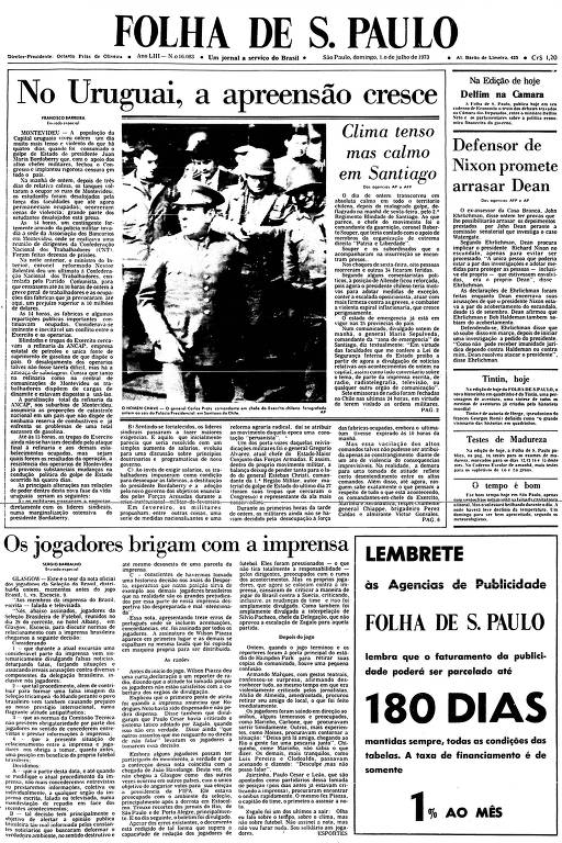 Primeira Página da Folha de 1º de julho de 1973