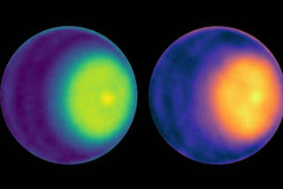 NASA scientists uses microwave observations to spot the first polar cyclone on Uranus, seen here as a light-colored dot to the right of center in each image of the planet