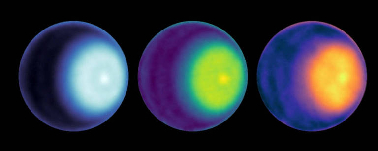 Imagens divulgadas pela Nasa, feitas por observações em micro-ondas, mostram o primeiro ciclone polar em Urano