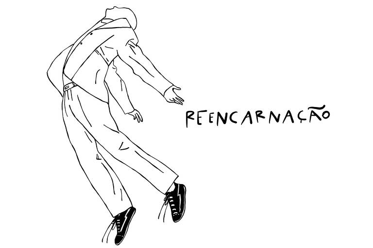 No desenho de Luiza Pannunzio um homem vestindo terno, camisa e tênis parece flutuando - como se seu corpo estivesse sendo levado e seus braços caídos para trás. Logo abaixo a palavra: reencarnação. 