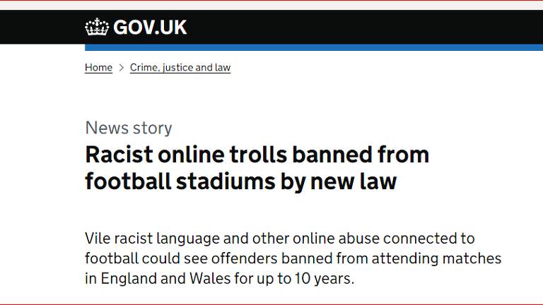 Site do governo britânico noticia lei contra racismo no futebol