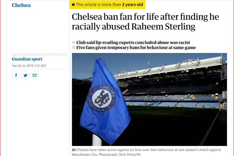 Reportagem em The Guardian, em 2019, sobre banimento de torcedores