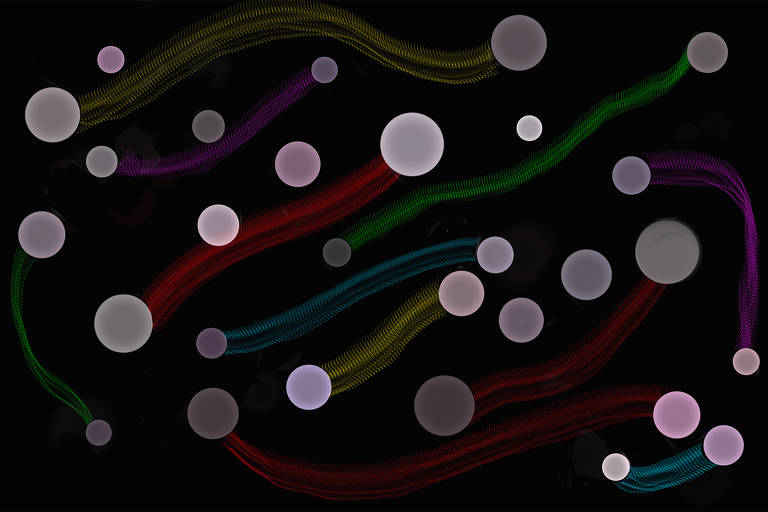 A ilustração de Annette Schwartsman, publicada na Folha de São Paulo no dia 28 de maio de 2023, mostra, sob um fundo escuro, partículas redondas flutuantes de diferentes tamanhos espalhadas pelo espaço, sendo que, alguns pares delas, são interligados por feixes coloridos, representando entrelaçamentos quânticos.