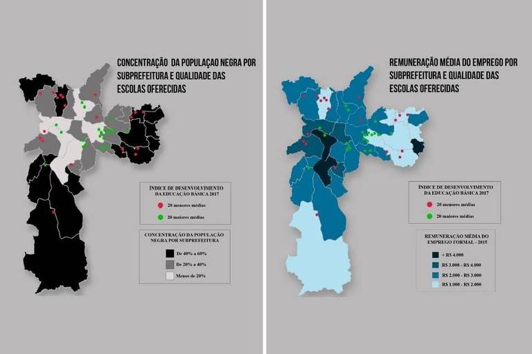 Mapas de georreferenciamento com a distribuição das 20 melhores e piores escolas estaduais avaliadas no IDEB 2017 em cruzamento com a concentração da população negra (esquerda) e por remuneração média (direita) por subprefeitura da cidade de São Paulo