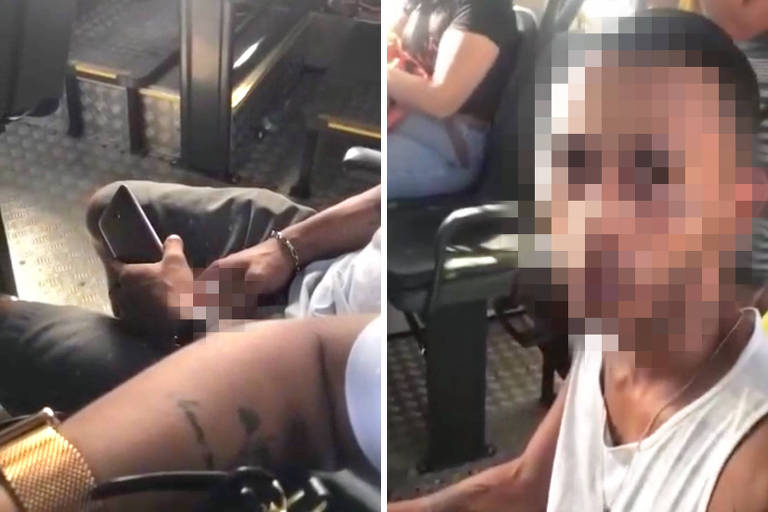 A foto mostra duas imagens de vídeo em que um homem coloca o pênis para fora em ônibus de Aracaju (SE).