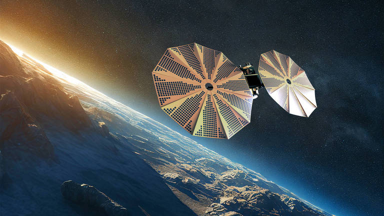 Imagem computadorizada mostra como será a espaçonave MBR Explorer, que deve ser lançado em 2028, com duas grandes antenas circulares para captação de energia solar