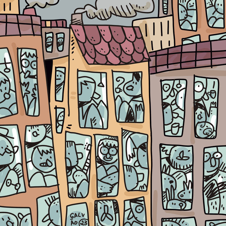 Ilustração de três prédios com várias janelas e uma cidade cinza no fundo. Nas janelas, há pessoas vivendo cenas diversas do cotidiano. É possível identificar uma pessoa tocando violão, uma tomando café, algumas conversando, duas pessoas cuidando de um bebê, uma com três pets e uma pessoa segurando um skate.