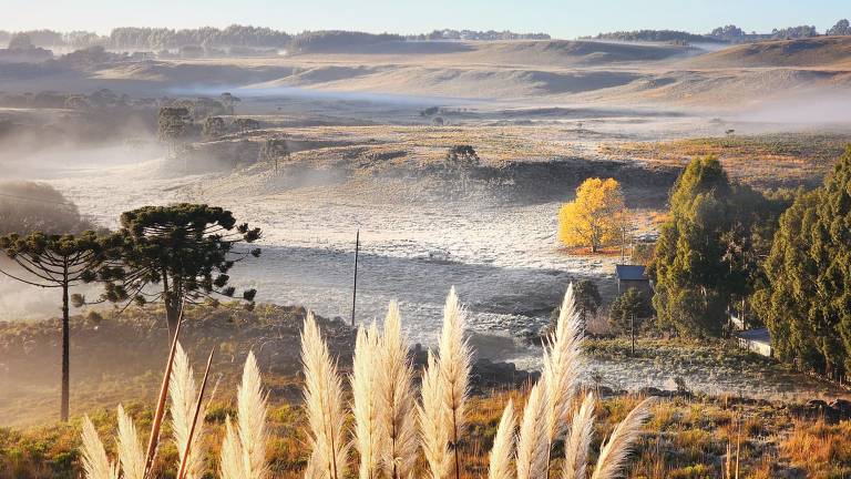 São Joaquim, na serra catarinense, registra temperaturas negativas em alguns dias do ano, quando a cidade amanhece coberta por uma fina camada de neblina e gelo