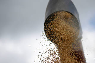 Soybeans are harvested at a farm in Luziania, state of Goias