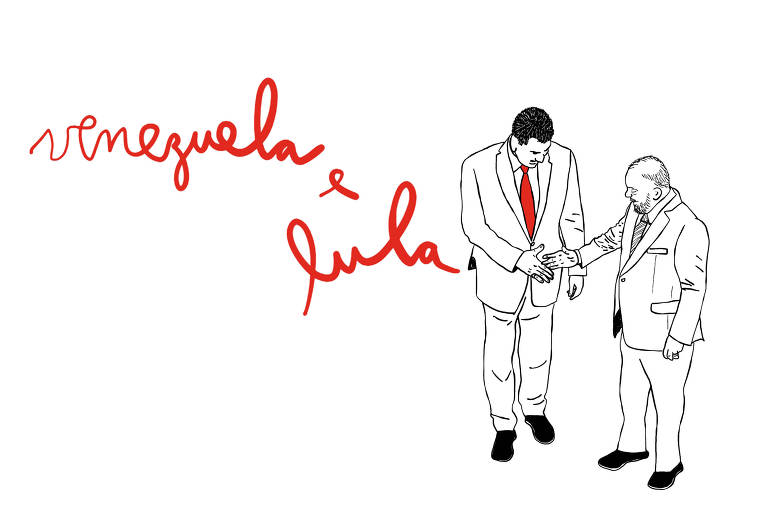 No desenho de Luiza Pannunzio - Maduro estende a mão a Lula, estão prestes a se cumprimentar. Ambos vestem terno, camisa e gravata. A de maduro é vermelha e a de Lula é listrada. Eles estão em pé, usam sapatos pretos. Acima deles está escrito em vermelho a palavra - VENEZUELA. Abaixo: E LULA.