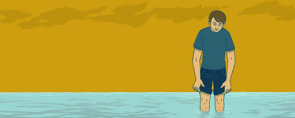 ilustração de pessoa se vendo de ponta cabeça no reflexo da água
