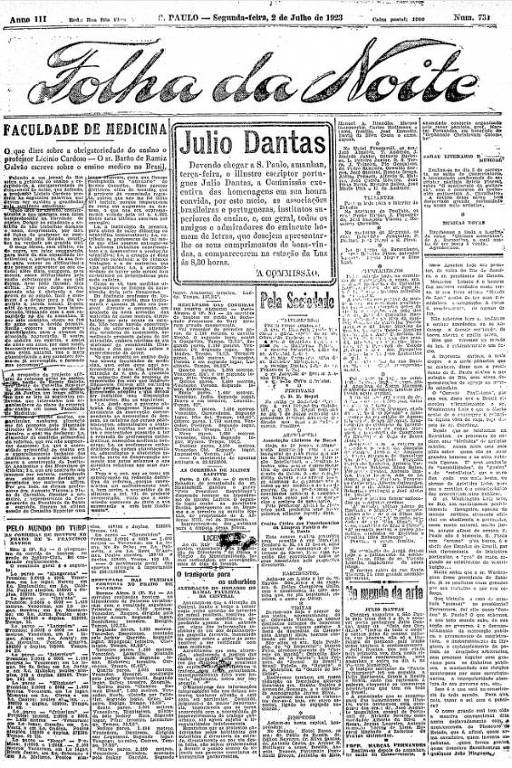 Primeira Página da Folha da Noite de 2 de julho de 1923