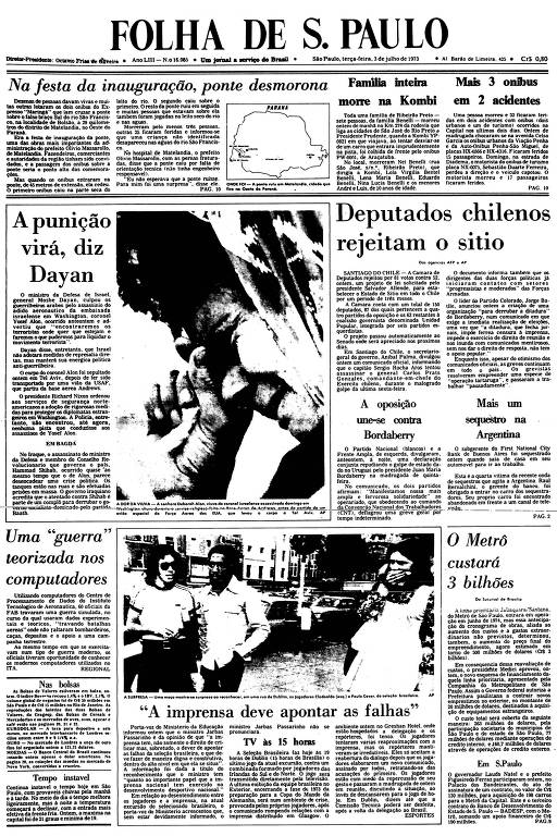 Primeira Página da Folha de 3 de julho de 1973
