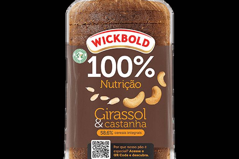 Imagem mostra pão de forma Wickbold com rótulo atual. Nele há a mensagem "100% Nutrição"