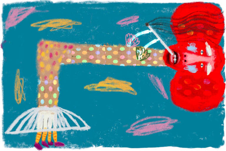 Ilustração de uma pessoa estilizada com corpo fino na cor bege com bolinhas coloridas, quatro pés pequenos e uma cabeça vermelha com orelhas grandes. Ela está fumando um cigarro e veste uma saia branca curta e volumosa. O fundo é azul com rabiscos rosas e amarelos.