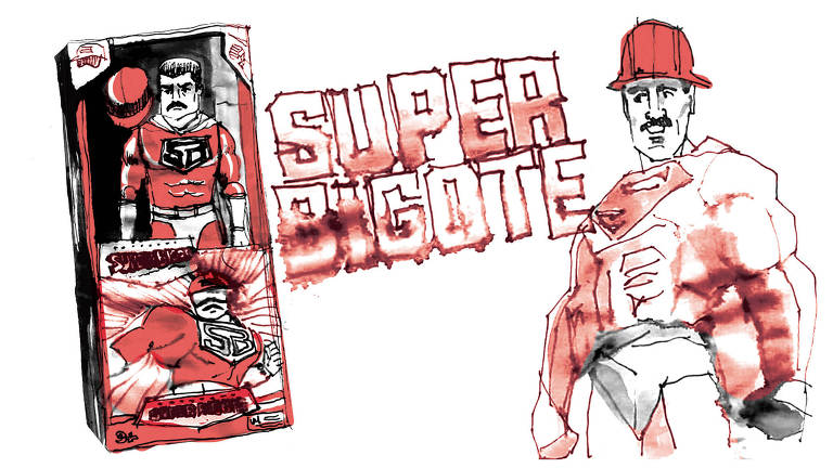 A imagem simula um anúncio publicitário do boneco promocional de Nicolás Maduro (que, de fato, existe na Venezuela) em que ele é representado como um super herói chamado "Super Bigote"