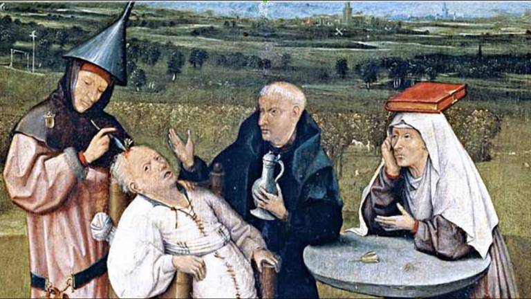 Religiosos cuidando de idoso na Idade Média