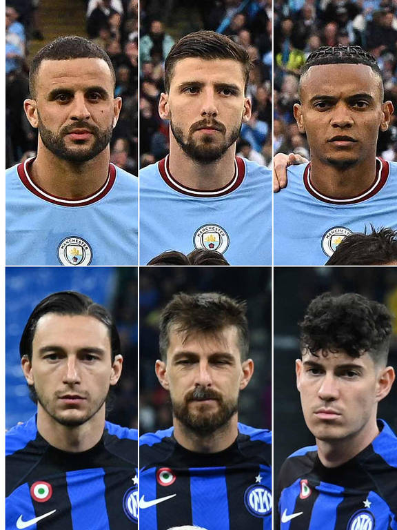 Fotos dos rostos dos jogadores Walker, Rúben Dias e Akanji, do Manchester City, e Darmian, Acerbi e Bastoni, da Inter de Milão 
