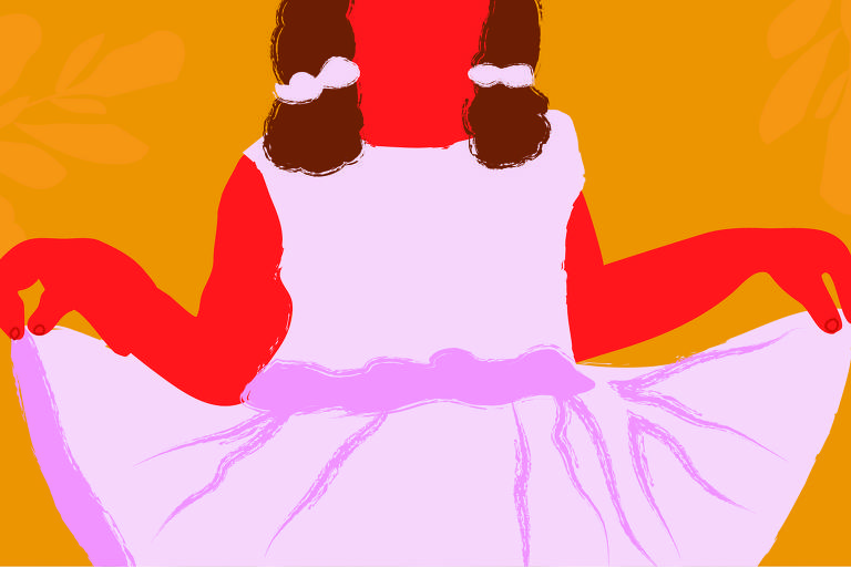 A ilustração tem fundo amarelo e traz ao centro a figura de uma menina usando um vestido de tom claro, quase branco, ela tem os cabelos presos em "marinha chiquinha" e segura a saia do vestido com as duas mãos.