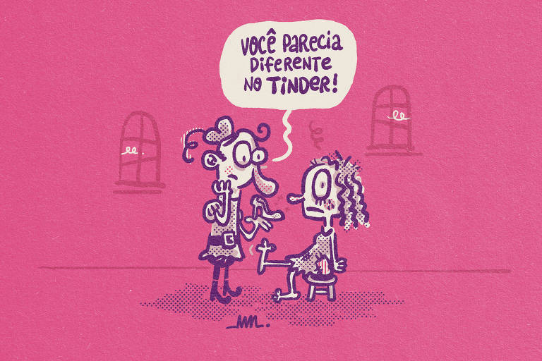 No cartum de Marcelo Martinez: o Príncipe, segurando o sapatinho de cristal, fala para a Gata Borralheira: "Você parecia diferente no Tinder!".