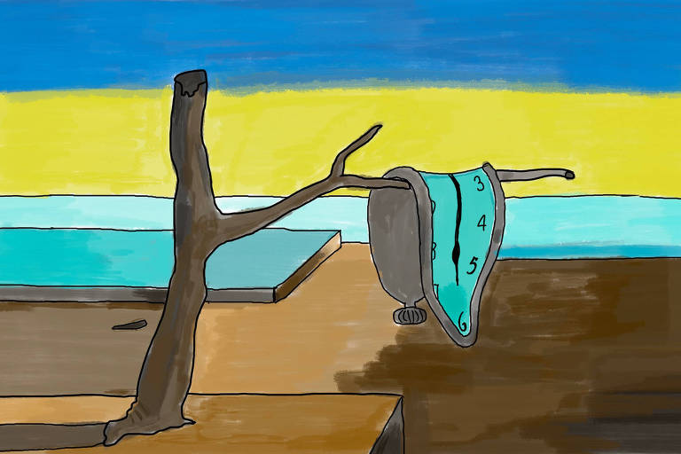 A ilustração de Annette Schwartsman, publicada na Folha de São Paulo no dia 11 de junho de 2023, mostra, em meio a uma paisagem árida, um enorme relógio de mão derretendo, pendurado em uma árvore morta e sem folhas, igual aos pintados pelo pintor espanhol Salvador Dalí  