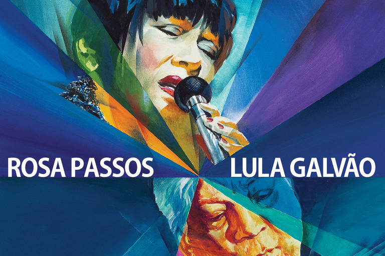 Em foto colorida, a Capa do álbum de Rosa Passos e Lula Galvão mostra uma ilustração coloria da cantora e do violonista