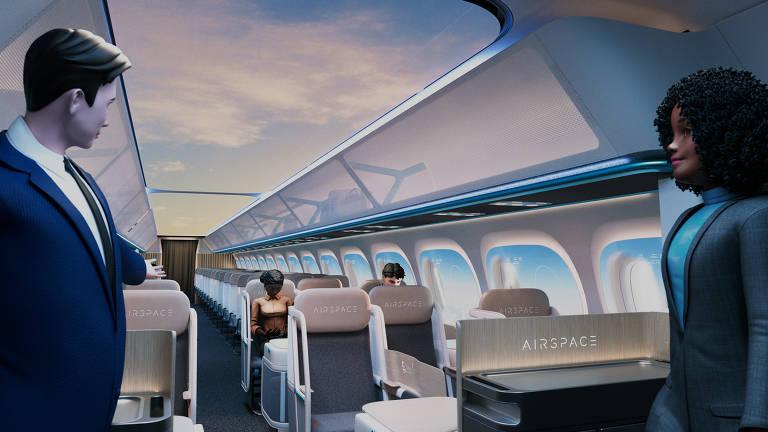 Imagem mostra um dos espaços internos do avião da Airbus, que terá teto transparente. É possível ver dois duas pessoas em pé e outra pessoa sentada em assento ao lado do corredor.