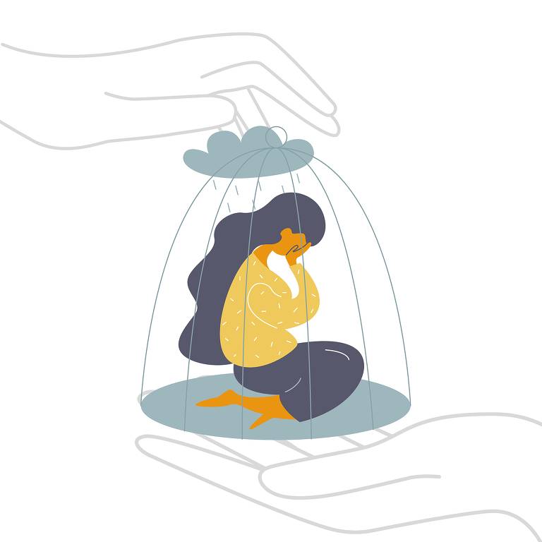 Violência doméstica: ilustração de uma mulher chorando dentro de uma gaiola