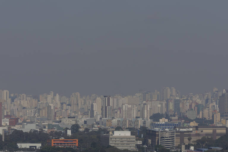Imagem do horizonte com vários prédios cobertos por uma camada de poluição