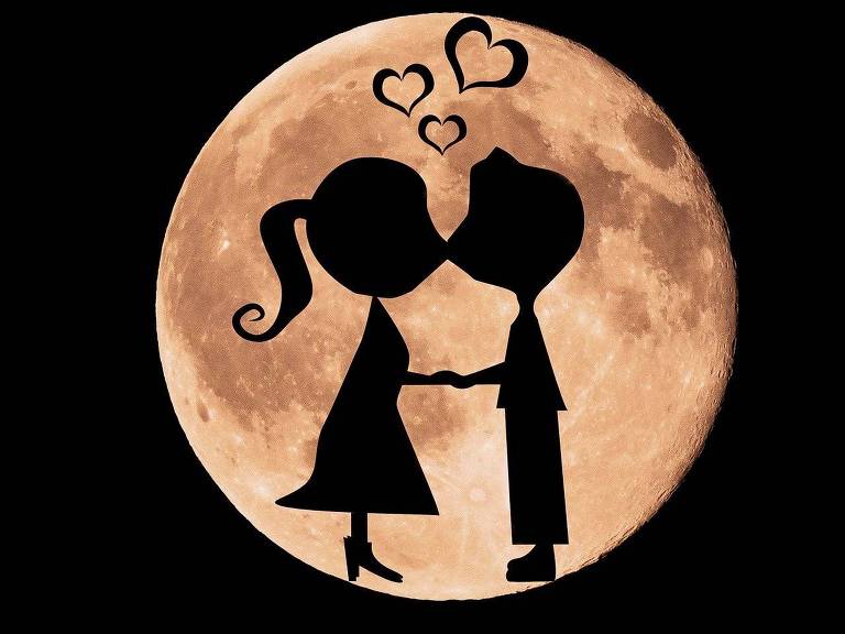 Ilustração da sombra de um casal se beijando em contraste com a Lua