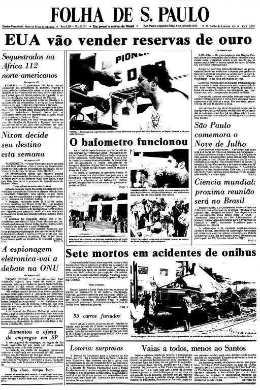 Primeira Página da Folha de 9 de julho de 1973
