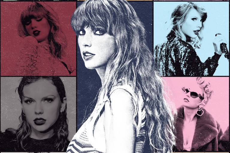 Em foto colorida, várias imagens da cantora e compositora Taylor Swift posa para a câmera