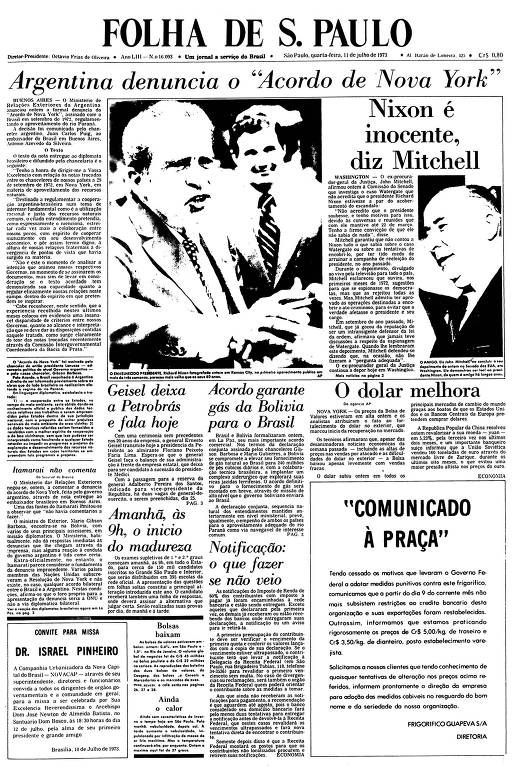 Primeira Página da Folha de 11 de julho de 1973