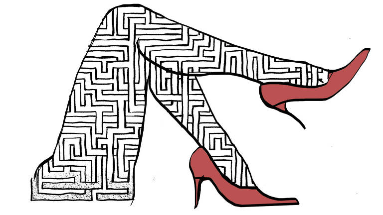 Um sinuoso par de pernas femininas cruzadas calçando saltos vermelhos e usando meia-calças com padronagem de labirinto