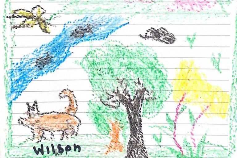 Desenho feito por Lesly, 13, retratando o cachorro Wilson na floresta; desenho foi feito após resgate de crianças colombianas que sofreram acidente aéreo e ficaram perdidas por 40 dias na floresta