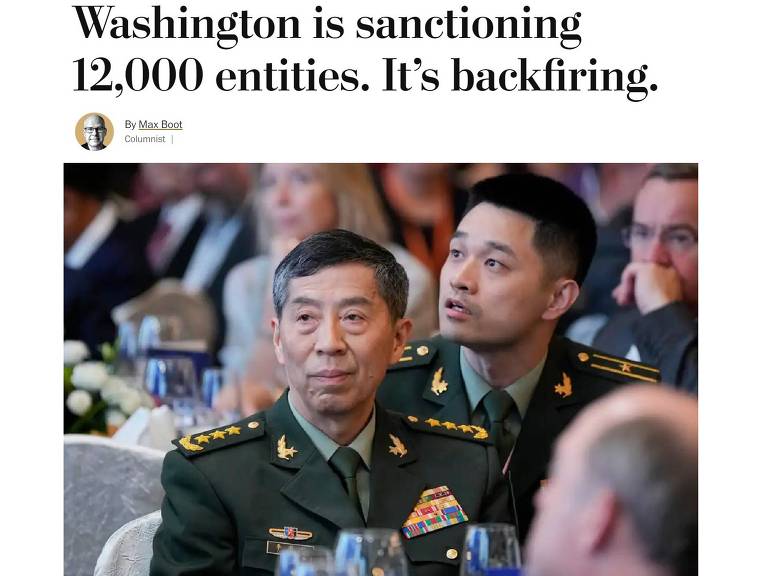 Washington Post, com foto do ministro chinês da Defesa, Li Shangfu, diz que governo americano está sancionando 12 mil organizações e indivíduos e 'está saindo pela culatra'