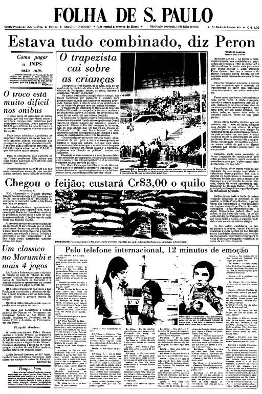 Primeira Página da Folha de 15 de julho de 1973