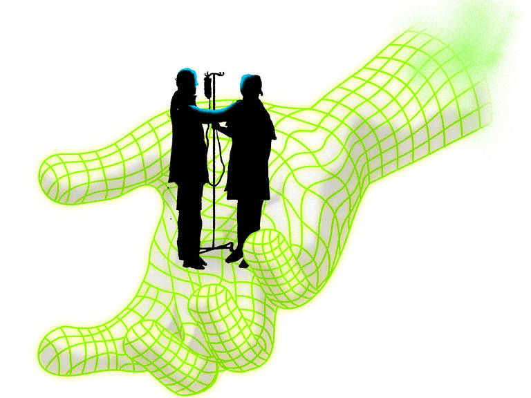 Ilustração da sombra de um médico analisando um paciente sobre uma mão cibernética