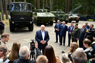 Belarusian President Alexander Lukashenko visits a military-industrial complex facility in the Minsk Region