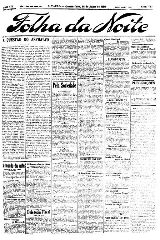 Primeira Página da Folha da Noite de 18 de julho de 1923
